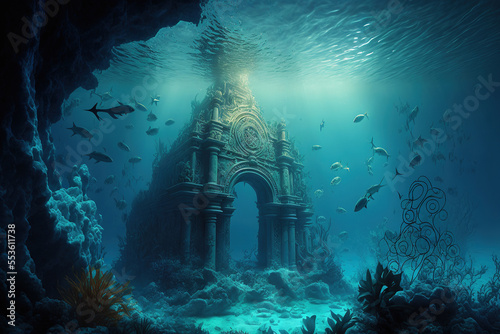 Underwater ancient city in the depths of the ocean. Atlantis lost world. ancient sunken architecture. Underwater gorges and tunnel. Lots of underwater organisms and fish. Underwater deep world. AI photo