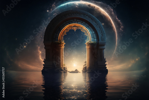 the light of evden a portal ancient gate in the middle of the waters, waters in the celestial sphere of peace, neverland dreamy cosmic beings surrounding in naturef 3d rendering