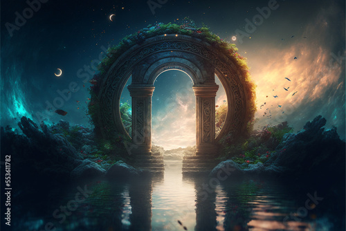 the light of evden a portal ancient gate in the middle of the waters, waters in the celestial sphere of peace, neverland dreamy cosmic beings surrounding in naturef 3d rendering