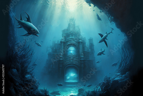 Underwater ancient city in the depths of the ocean. Atlantis lost world. ancient sunken architecture. Underwater gorges and tunnel. Lots of underwater organisms and fish. Underwater deep world. AI