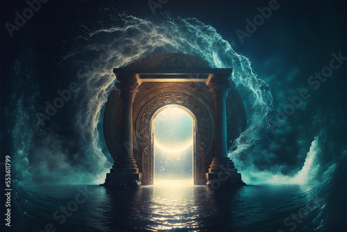 the light of evden a portal ancient gate in the middle of the waters, waters in the celestial sphere of peace, neverland dreamy cosmic beings surrounding in naturef 3d rendering photo