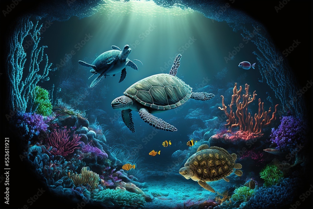Obraz premium Underwater world at the depth of the ocean. Underwater gorges and tunnel. Lots of underwater organisms and fish. Underwater deep world, sea darkness, algae glow, blue neon, corals. AI