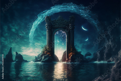 the light of evden a portal ancient gate in the middle of the waters, waters in the celestial sphere of peace, neverland dreamy cosmic beings surrounding in naturef 3d rendering photo