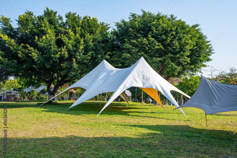 Camping tents on the park lawn
