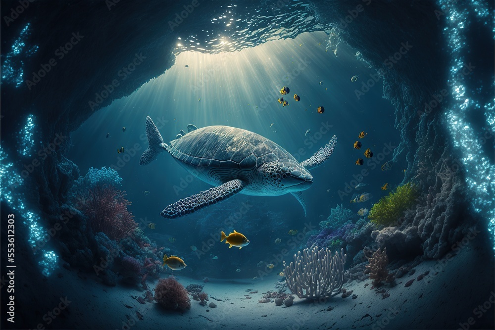 Obraz premium Underwater world at the depth of the ocean. Underwater gorges and tunnel. Lots of underwater organisms and fish. Underwater deep world, sea darkness, algae glow, blue neon, corals. AI