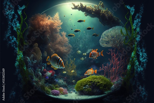 Underwater world at the depth of the ocean. Underwater gorges and tunnel. Lots of underwater organisms and fish. Underwater deep world, sea darkness, algae glow, blue neon, corals. AI © MiaStendal