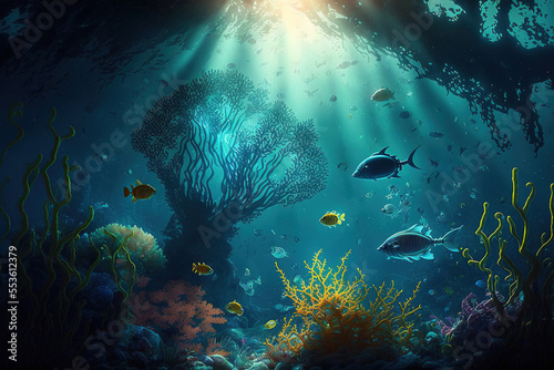 Underwater world at the depth of the ocean. Underwater gorges and tunnel. Lots of underwater organisms and fish. Underwater deep world, sea darkness, algae glow, blue neon, corals. AI © MiaStendal