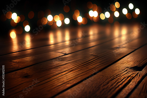 natural wood surface with bokeh fairy lights  empty tabletop for mock ups and photo design