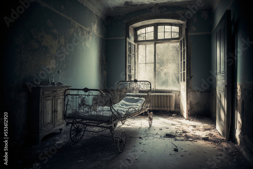 An old rusty bed in an ruined and abandoned room in a fictional building  digital art  generative AI