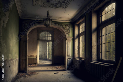 Hallway in a fictional abandoned destroyed hospital  digital art  generative AI