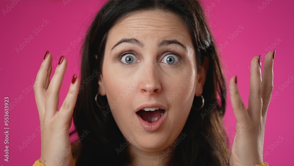Closeup portrait of excited young woman 20s anticipate great success, winner, isolated on pink background. Closeup portrait of excited young woman 20s anticipate great success, winner, isolated on pink background.