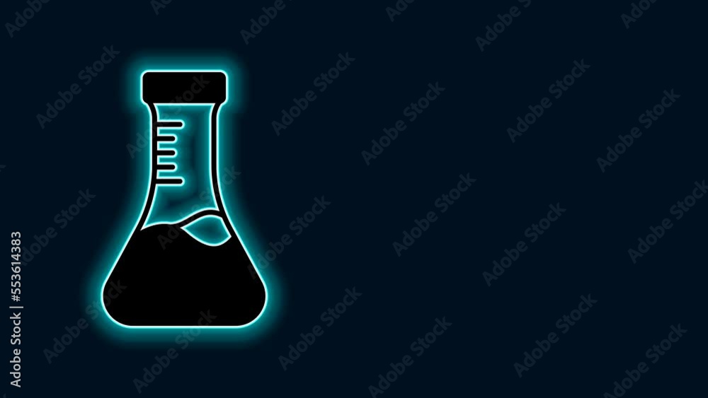 Glowing neon line Test tube and flask chemical laboratory test icon isolated on black background. Laboratory glassware sign. 4K Video motion graphic animation