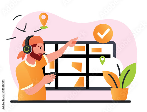 Man builds route. Young person on tablet chooses best direction and determines path. Navigation and geolocation concept. Modern technologies and digital world. Cartoon flat vector illustration