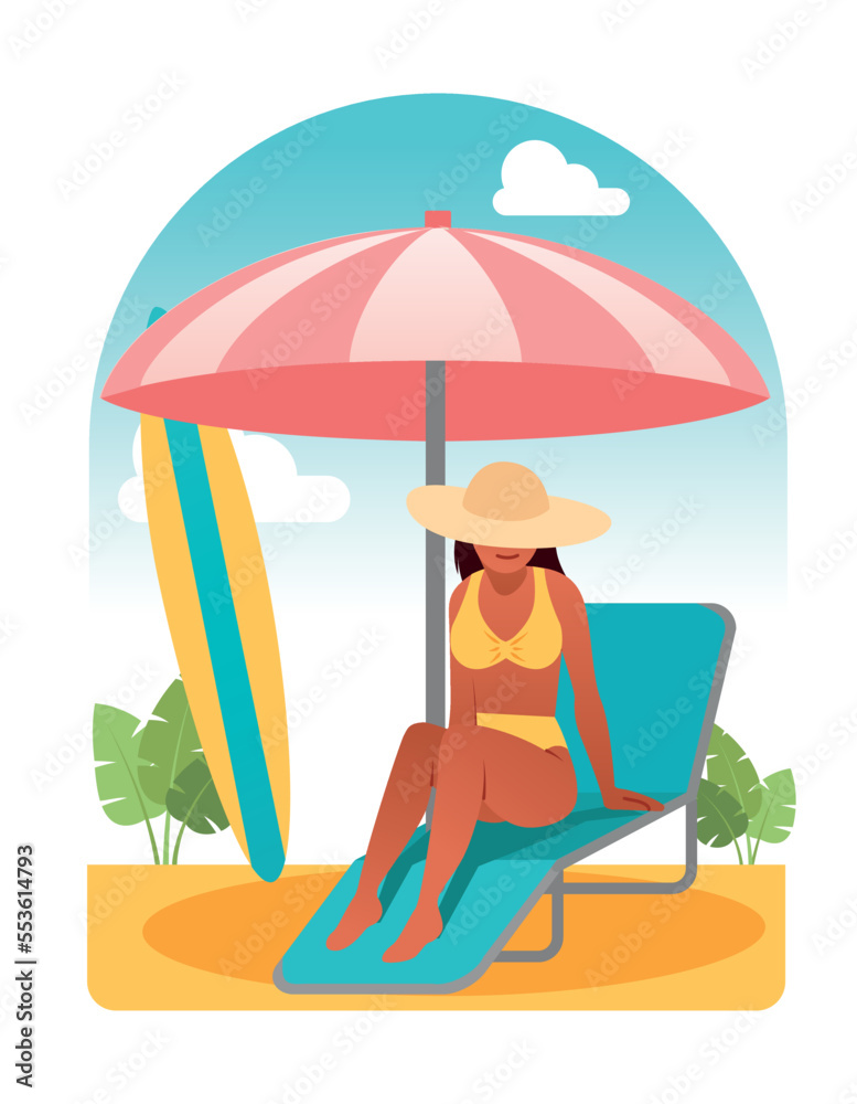 Rest on beach. Young woman in yellow swimsuit and hat sitting on hammock. Holidays in tropical and exotic countries. Hot weather and sun protection metaphor. Cartoon flat vector illustration
