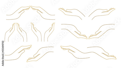 Woman's hand collection line. Vector Illustration of female hands of different gestures. Lineart in a trendy minimalist style. Logo design, hand cream, nail Studio, posters, cards. 10 EPS.