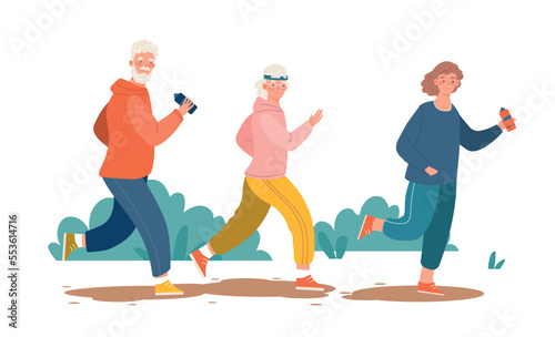 Family jogging concept. Grandfather and grandmother and their daughter engaged in park. Active lifestyle and fitness, health care. Poster or banner for website. Cartoon flat vector illustration