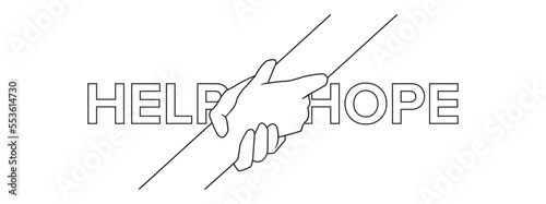 Continuous line drawing Helping hand concept. Gesture, sign of help and hope. Two hands taking each other. Isolated illustration on white background. 10 EPS.