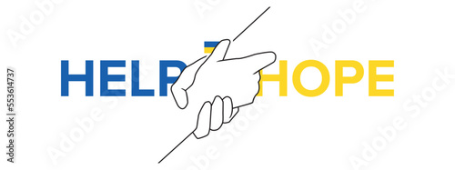 Help and hope concept - drawn outline helping hands - benevolence charity illustration. From Ukraine.