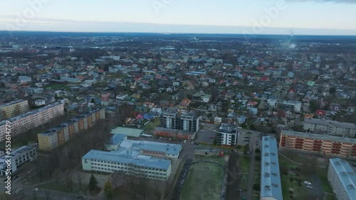 Aerial view of the beautiful seaside city of Parnu, Estonia. Seen also the clouds from the sky and the coastal beach in the side photo