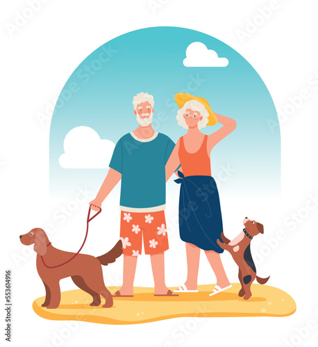 Walking dogs on beach. Characters with pets in hot summer weather, care and love. Active lifestyle, holidays in tropical and exotic countries. Poster or banner. Cartoon flat vector illustration