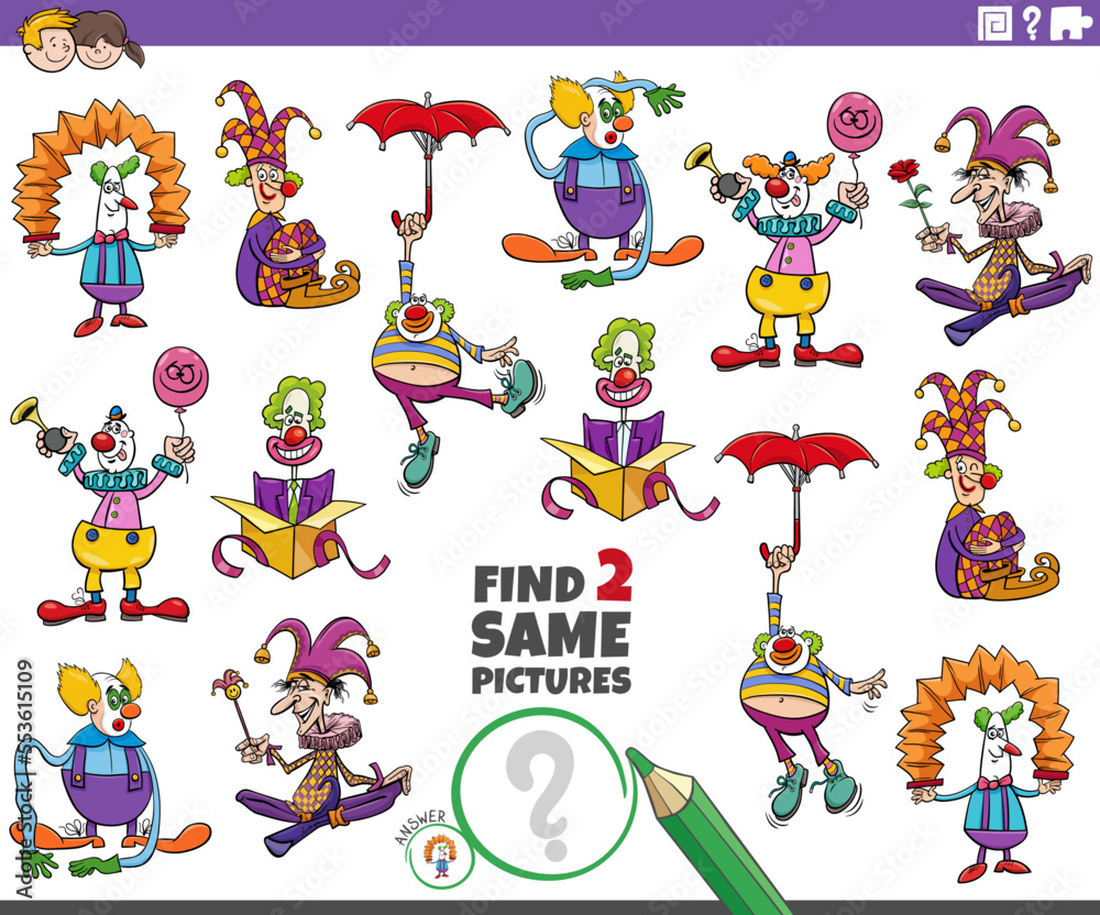 Fototapeta premium find two same cartoon clowns characters educational game