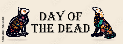 Day of dead concept. Poster or banner for website, dog and cat in bright and unusual patterns next to letters. Culture and traditions, holidays and festivals. Cartoon flat vector illustration