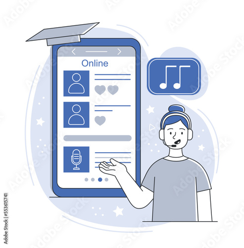 Radio host online. Woman in headphones on background of smartphone puts musical compositions. Public speaking and popular personality. Poster or banner for website. Cartoon flat vector illustration