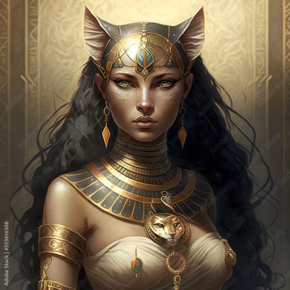 Ancient Egyptian Catwoman With Gold Jewelry Ancient Egyptian Goddess Ai Illustration Stock 