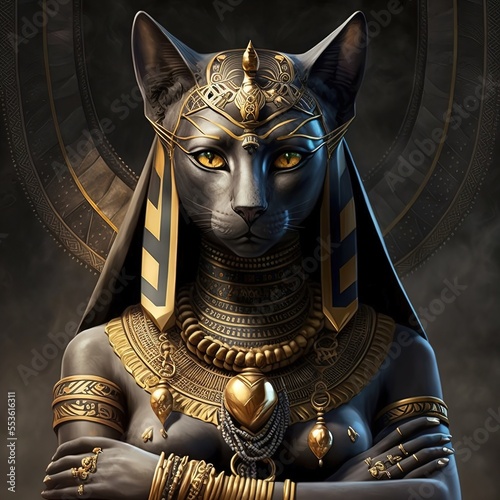 Ancient Egyptian catwoman with gold jewelry. Ancient Egyptian goddess. AI photo