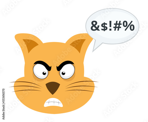 vector illustration of emoticon of the face of a cartoon cat with a dialogue bubble with an insult text