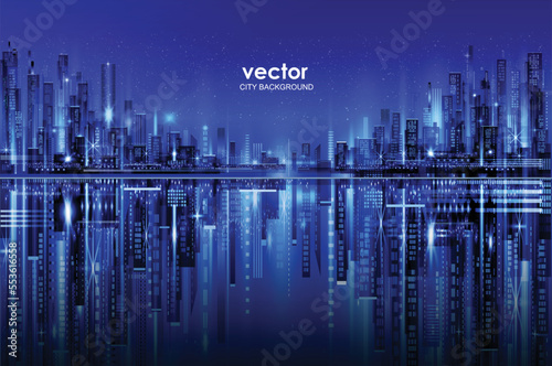 Night city illustration with neon glow and vivid colors. illustration with architecture, skyscrapers, megapolis, buildings, downtown.