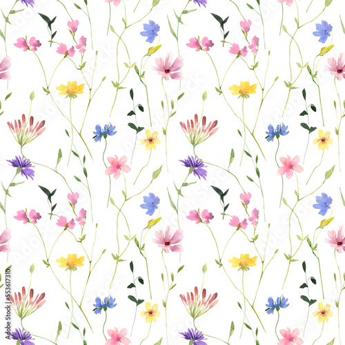 Watercolor Spring Flowers seamless pattern, Hand painted floral digital paper, Spring Summer Scrapbook papers. Botanical Digital background