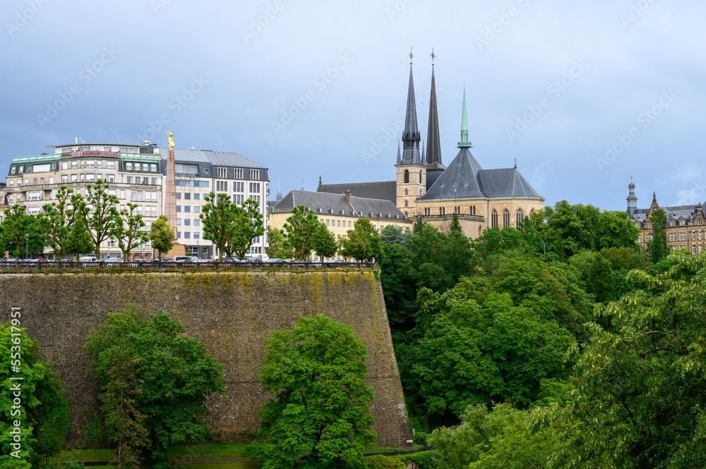 A view of the city of Luxembourg with the Pétrusse Parks, the Notre-Dame Cathedral and Gëlle Fra (Monument of Remembrance). Luxembourg, 2021/07/04.