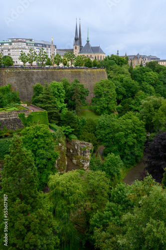 A view of the city of Luxembourg with the Pétrusse Parks, the Notre-Dame Cathedral and Gëlle Fra (Monument of Remembrance). Luxembourg, 2021/07/04. photo