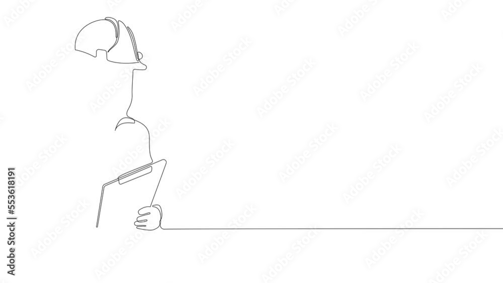 Animated drawing of continuous line draw architect meeting at construction site to talk blueprint design to team member. Building architecture concept. Single line animation. High quality 4k footage