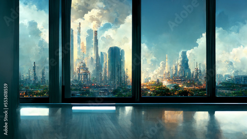 The future city through the window  Generative Ai.