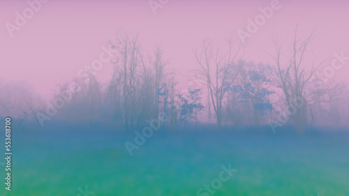 Foggy winter forest trees with oversaturated pastel color gradient filter photo