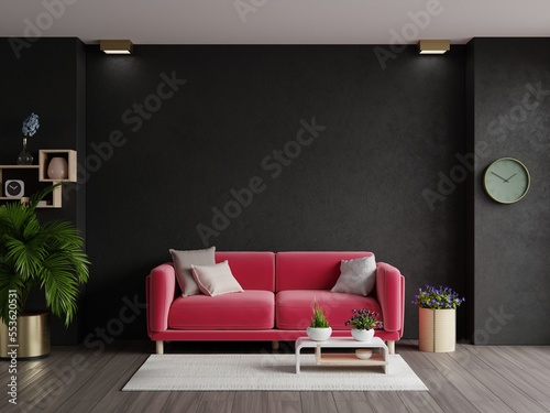 Dark wall background mockup with viva magenta sofa furniture and decor of the year 2023.