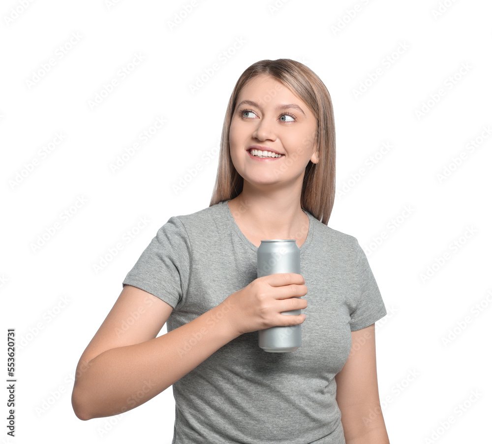 Beautiful happy woman holding beverage can on white background Beautiful happy woman holding beverage can on white background