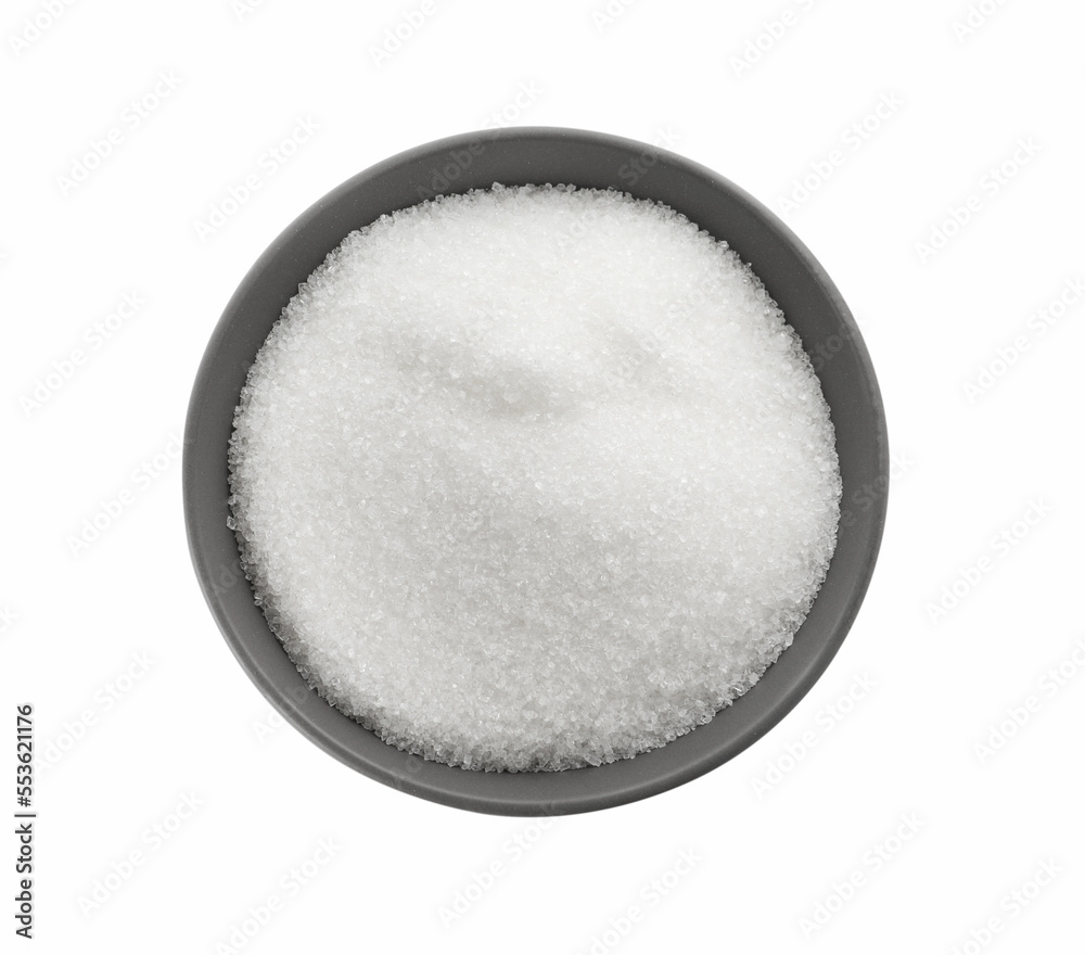 Bowl of granulated sugar isolated on white, top view Bowl of granulated sugar isolated on white, top view