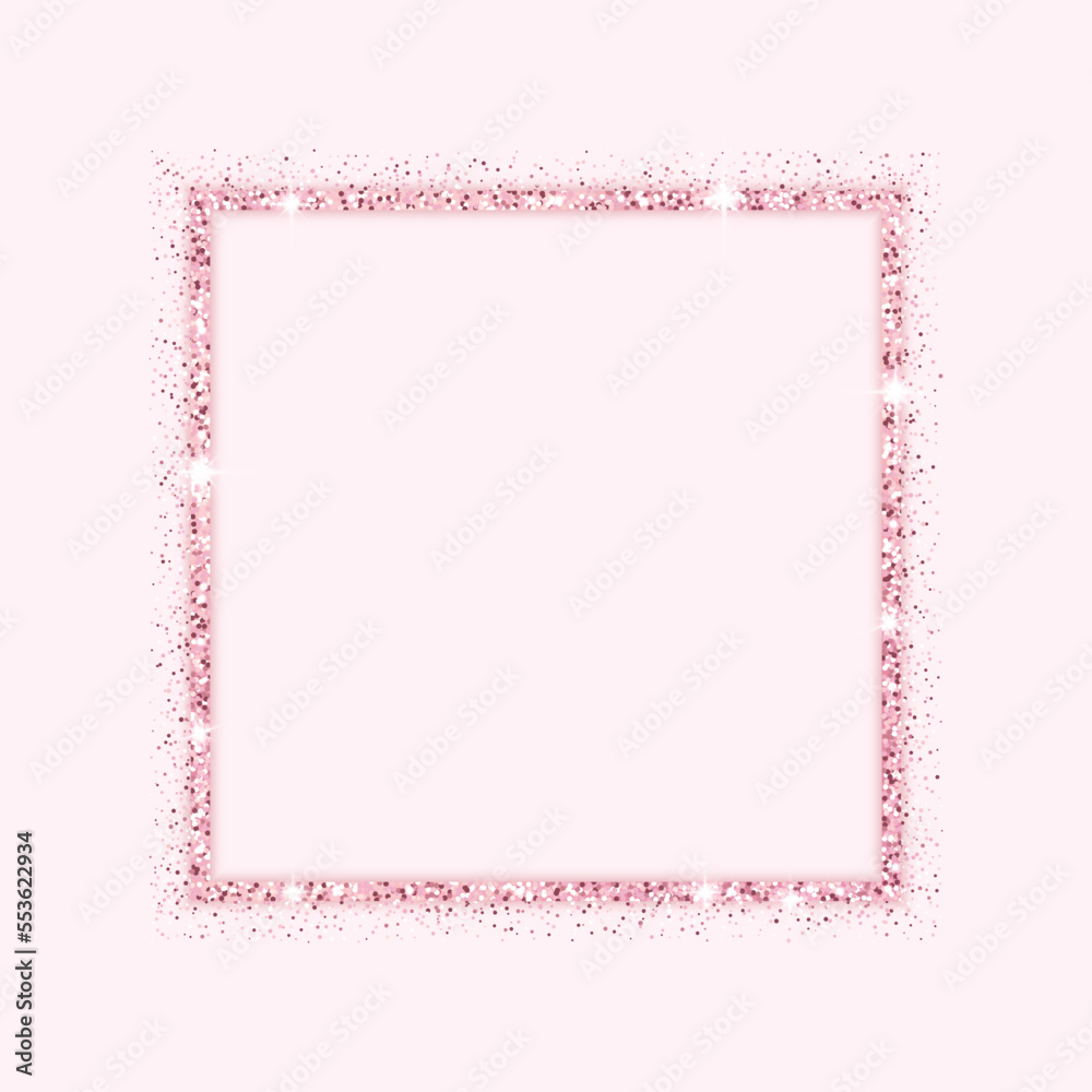 pink glitter square frame, rose gold metal border with shining star vector, luxury template for valentine, mother's day banner, card, header
