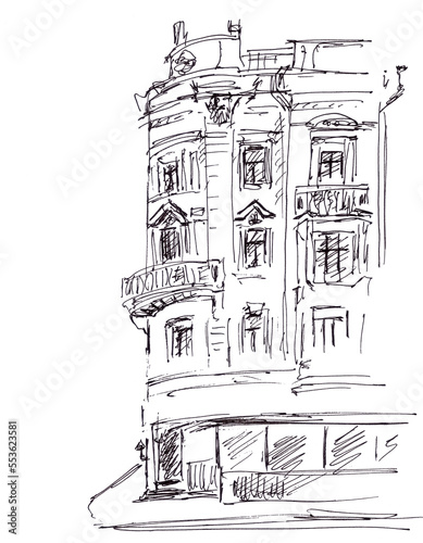 urban multi-storey building, historical building graphic monochrome black and white drawing