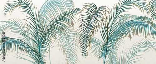 Luxury abstract art background with hand drawn palm leaves with golden elements in line style. Botanical banner for decor, print, textile, wallpaper, interior design.