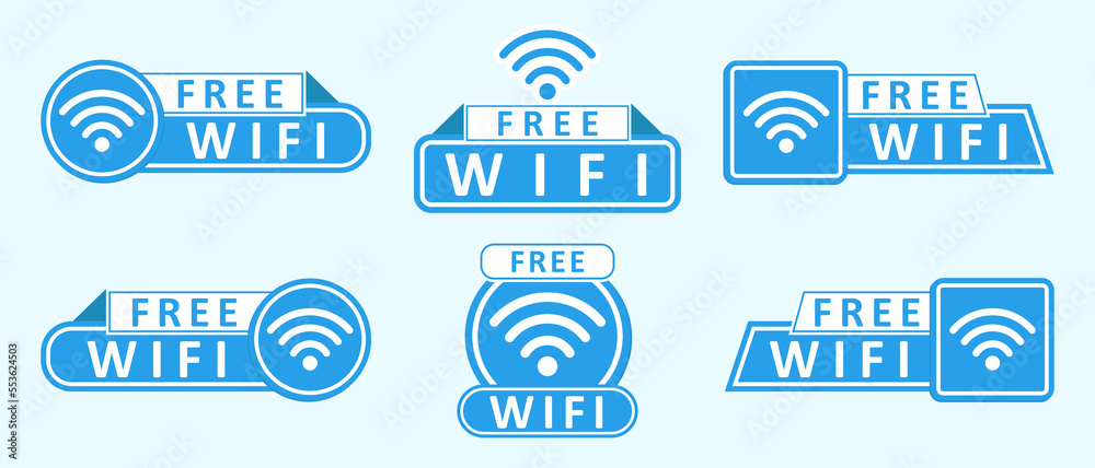 wifi free zone blue color wireless set bundle logo stickers design icon hotspot connection area collection wifi free zone blue color wireless set bundle logo stickers design icon hotspot connection area collection