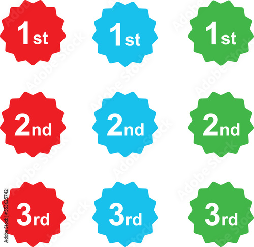 winner badges for first, second, and third places. 1st, 2nd and 3d prizes in competition. ranking three, number icon set 