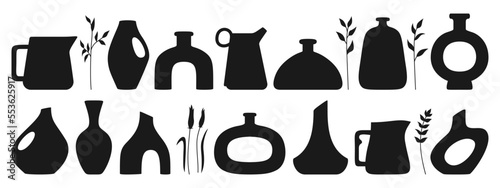 Vase shape and ceramic pot, jug or jar bottles silhouette set. Cozy home decor handmade boho pottery form and branch leaves. Antique various vases, hand drawn vessel. Trendy art concept vector