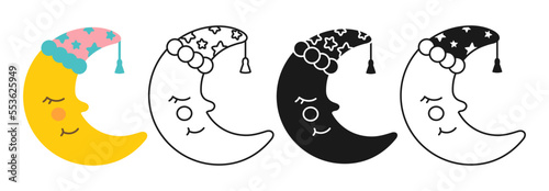 Crescent cartoon baby icon set. Yellow sleepy moon line style or silhouette. Symbol kids moon cute simple collection. Newborn nursery accessory objects. Birthday child memory scrapbook kit vector