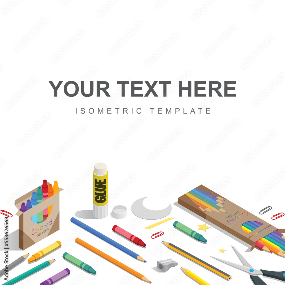 Set of crayons and pencils outside their boxes. Back to school. 3d design vector. Poster