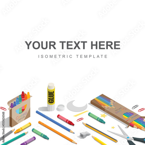 Set of crayons and pencils outside their boxes. Back to school. 3d design vector. Poster