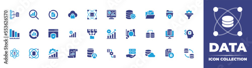 Data icon Collection. Duotone color. Vector illustration. Containing data science, cloud, data processing, analytics, data integration, bar chart, data collection, web security, donut chart, and more. photo